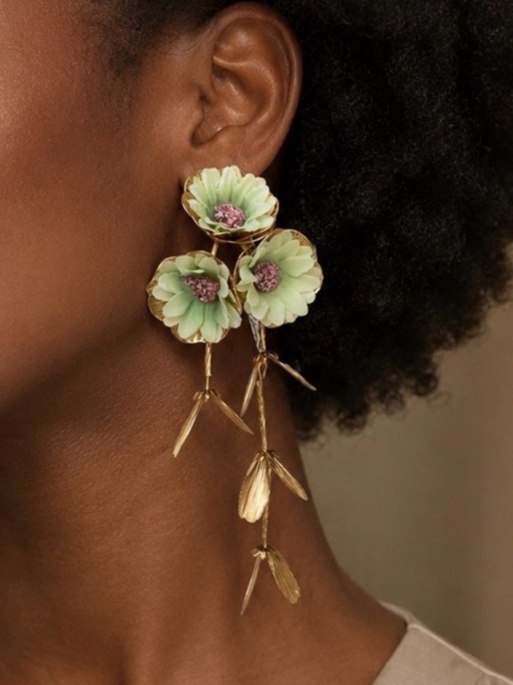 Green Floral Drop Cascading Earrings with Gold Petal Accents